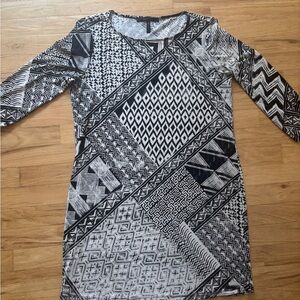 BCBG Max Azaria Black and White Geometric Pattern Mini- Dress